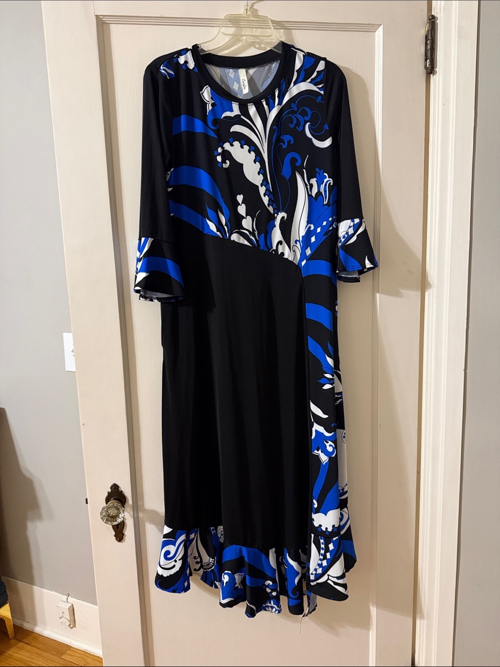 Celeste Black Blue Floral Ruffle MIDI Maxi Modest Dress Size Large